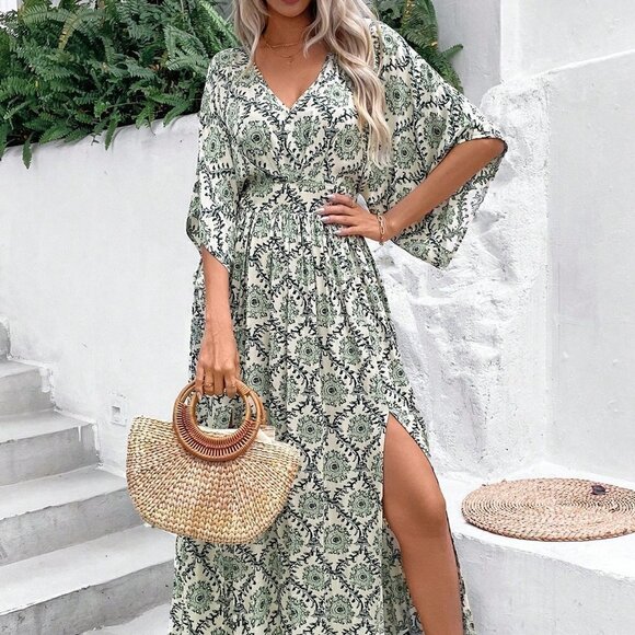 Boho Full Print V-Neck Batwing Sleeve Side Slit Long Maxi Dress